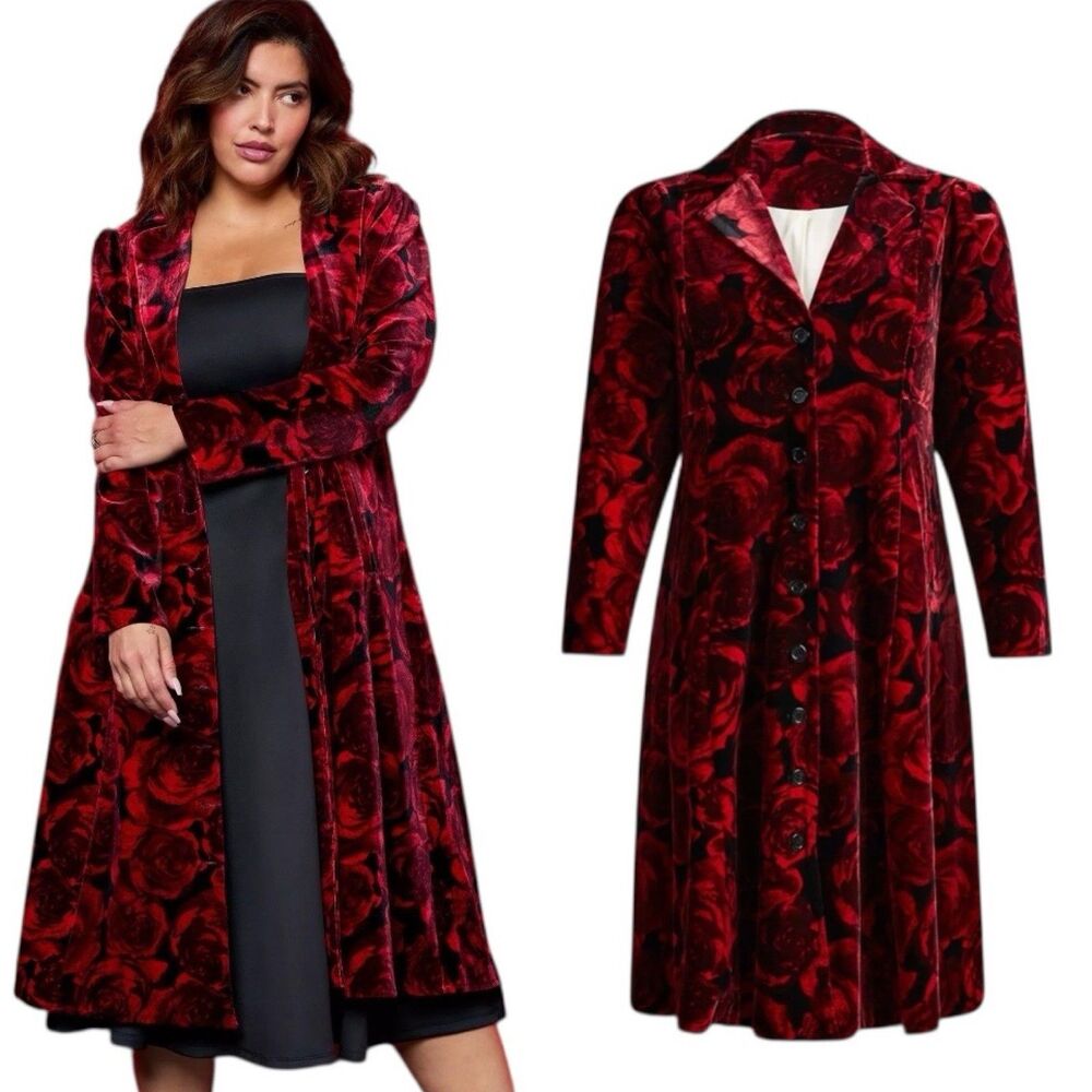 Torrid Betsey Johnson Floral Puff Sleeve Button Front Coat Red Velvet Roses 3/3X